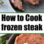 A cooked steak with herb butter on top, served on a plate with a fork and rosemary garnish—perfect for anyone wanting to learn how to cook frozen steak to juicy perfection.