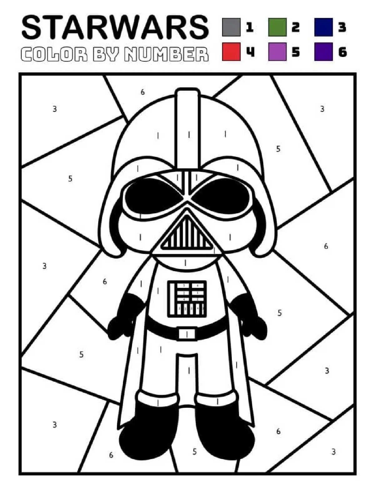Coloring Pages Star Wars: Color-by-number Darth Vader cartoon features numbered sections and a color key for gray, green, blue, red, black, and purple.