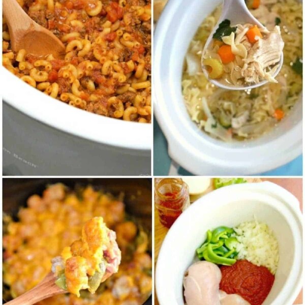 A collage of four images showcasing delicious crockpot recipes: macaroni pasta with meat sauce, chicken noodle soup with vegetables in a ladle, a cheesy bacon dish, and raw ingredients like chicken, green peppers, onions, and sauce waiting in the slow cooker.