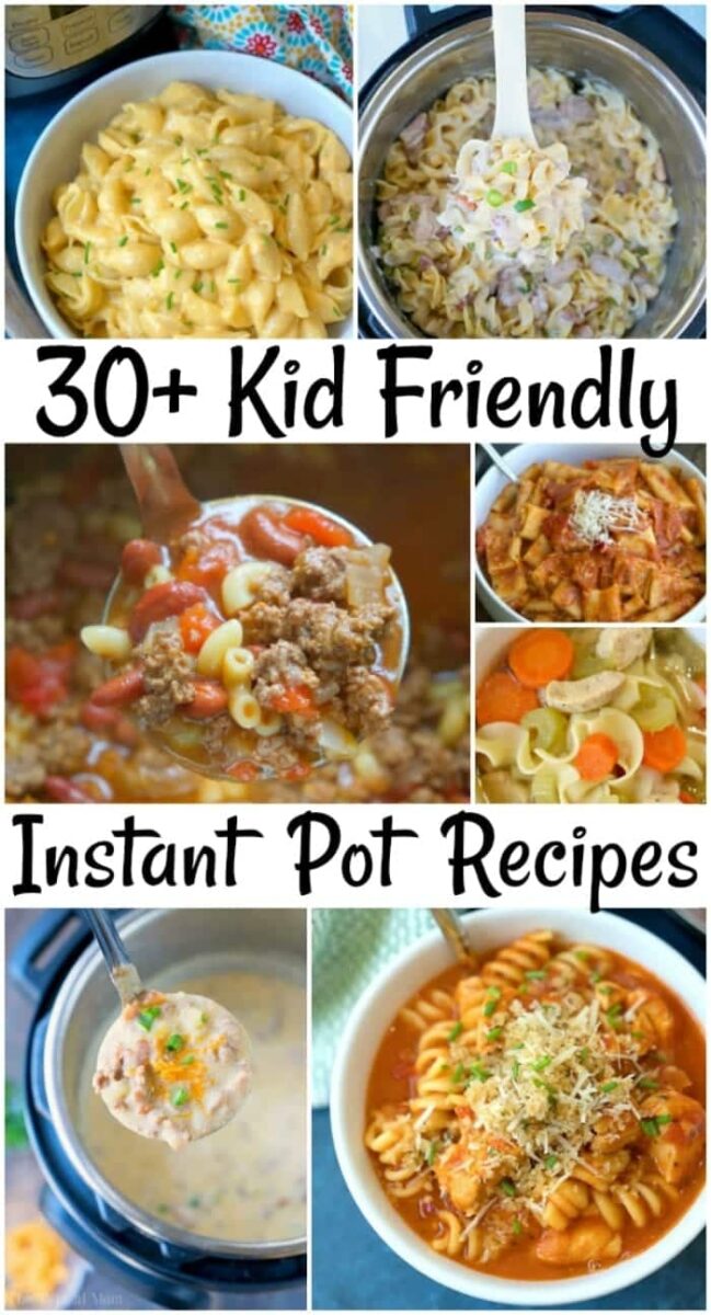 100 Instant Pot dinner recipes your whole family will love, including the kids! Have chicken, beef or pork you need to use? We have pressure cooker ideas for you! #instantpotrecipes #instantpot #dinners #dinner #beef #chicken #pork #thetypicalmom #pressurecooker Collage of kid-friendly, 30+ instant pot dinner recipes including various pasta, soup, and stew dishes.