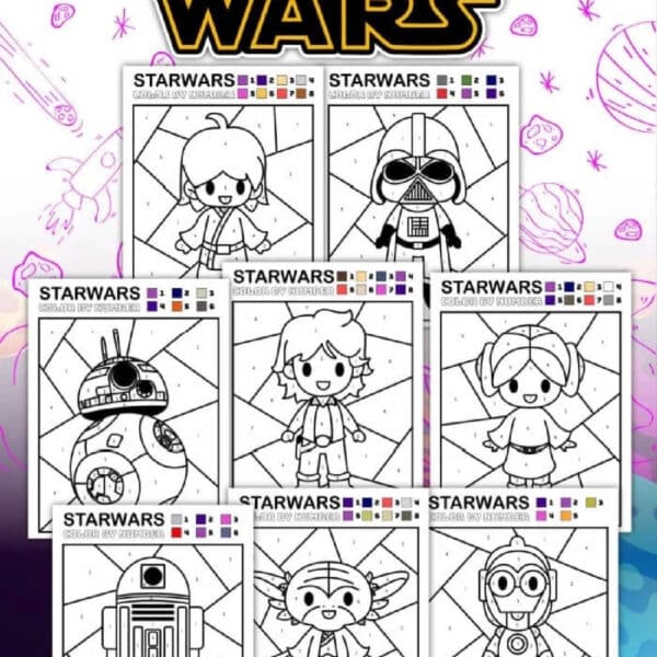 Coloring Pages Star Wars feature adorable characters, droids, and spaceships in these fun color-by-number sheets with an easy coloring guide.