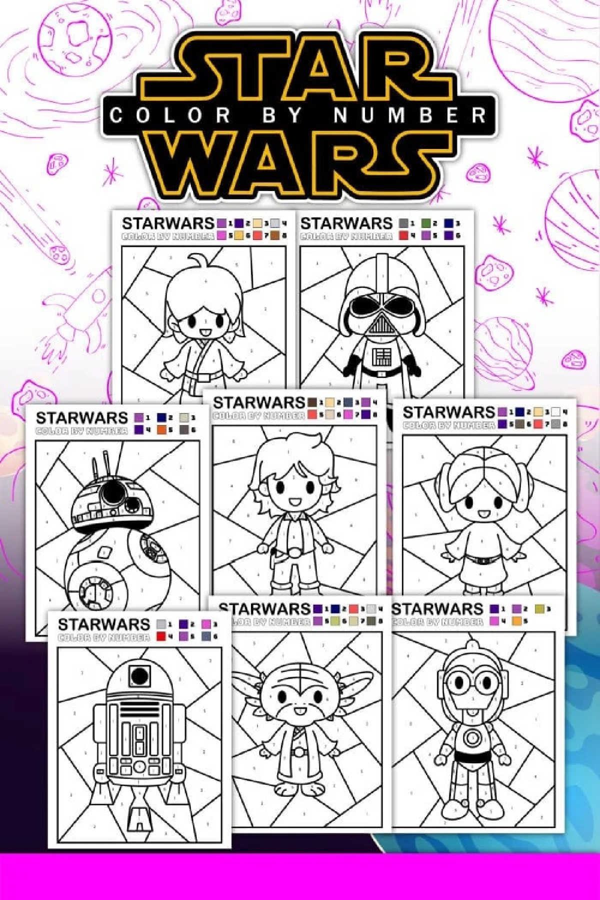 Coloring Pages Star Wars feature adorable characters, droids, and spaceships in these fun color-by-number sheets with an easy coloring guide.