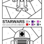 Coloring Pages Star Wars: Enjoy this color by number Star Wars page featuring Grogu and R2-D2, each in outlined sections labeled with numbers for easy coloring fun.