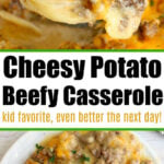 Cheesy ground beef casserole with potatoes, featuring melted cheese and hearty ground beef, served hot in a baking dish and on a plate.