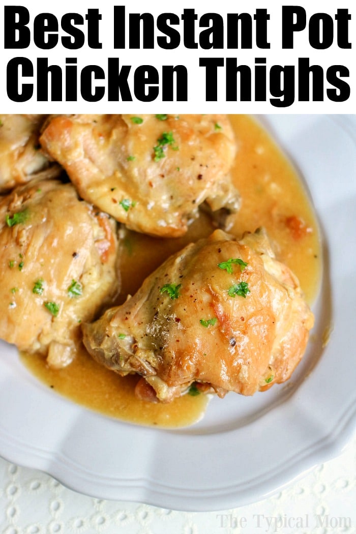 Instant Pot honey mustard chicken!! #instantpot #thetypicalmom Cooked chicken thighs in sauce on a plate, representing the best instant pot dinner recipes.