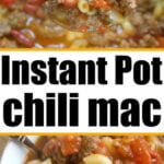 A close-up of Instant Pot chili mac recipe with ground beef, kidney beans, macaroni, and tomatoes served in a bowl and on a ladle.