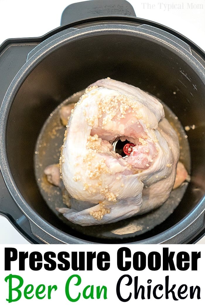 Instant Pot beer can chicken! #instantpot #beercanchicken A whole raw chicken seasoned with garlic inside an instant pot for dinner recipes.