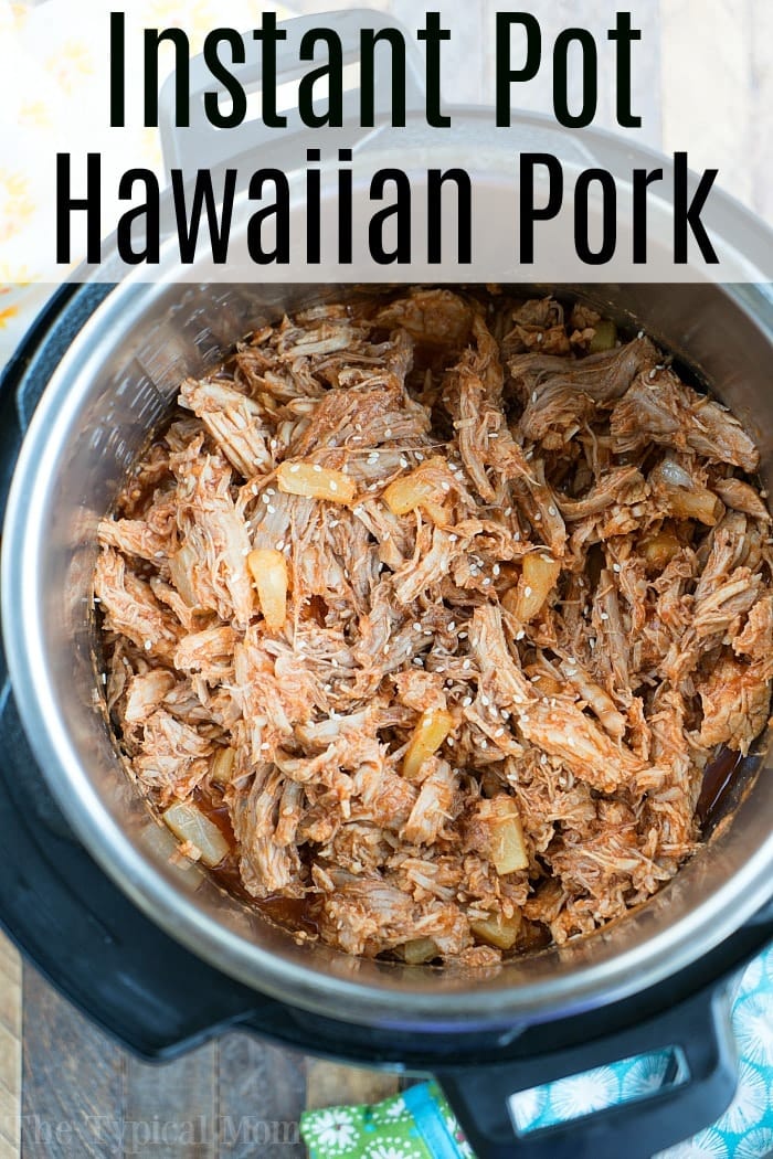 100 Instant Pot dinner recipes your whole family will love, including the kids! Have chicken, beef or pork you need to use? We have pressure cooker ideas for you! #instantpotrecipes #instantpot #dinners #dinner #beef #chicken #pork #thetypicalmom #pressurecooker Shredded Hawaiian pork with pineapple and sesame seeds prepared as an Instant Pot dinner recipe.