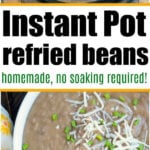 Beans, onions, and chiles cooked in a pressure cooker for easy refried beans, served in a bowl and topped with cheese and chives.