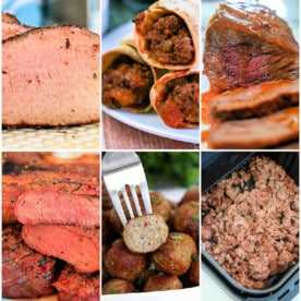 Collage of various Ninja Foodi beef dishes: sliced steak, meat-stuffed tortillas, roast, meatballs, and ground beef.