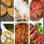 A delightful collage of various cooked meats, featuring mouthwatering Ninja Foodi pork recipes with roasted, grilled, and shredded servings adorned with fresh herbs and savory sauces.