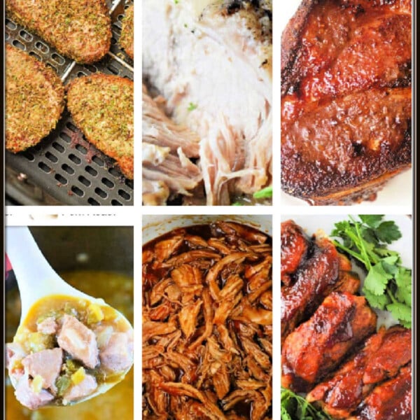 A delightful collage of various cooked meats, featuring mouthwatering Ninja Foodi pork recipes with roasted, grilled, and shredded servings adorned with fresh herbs and savory sauces.