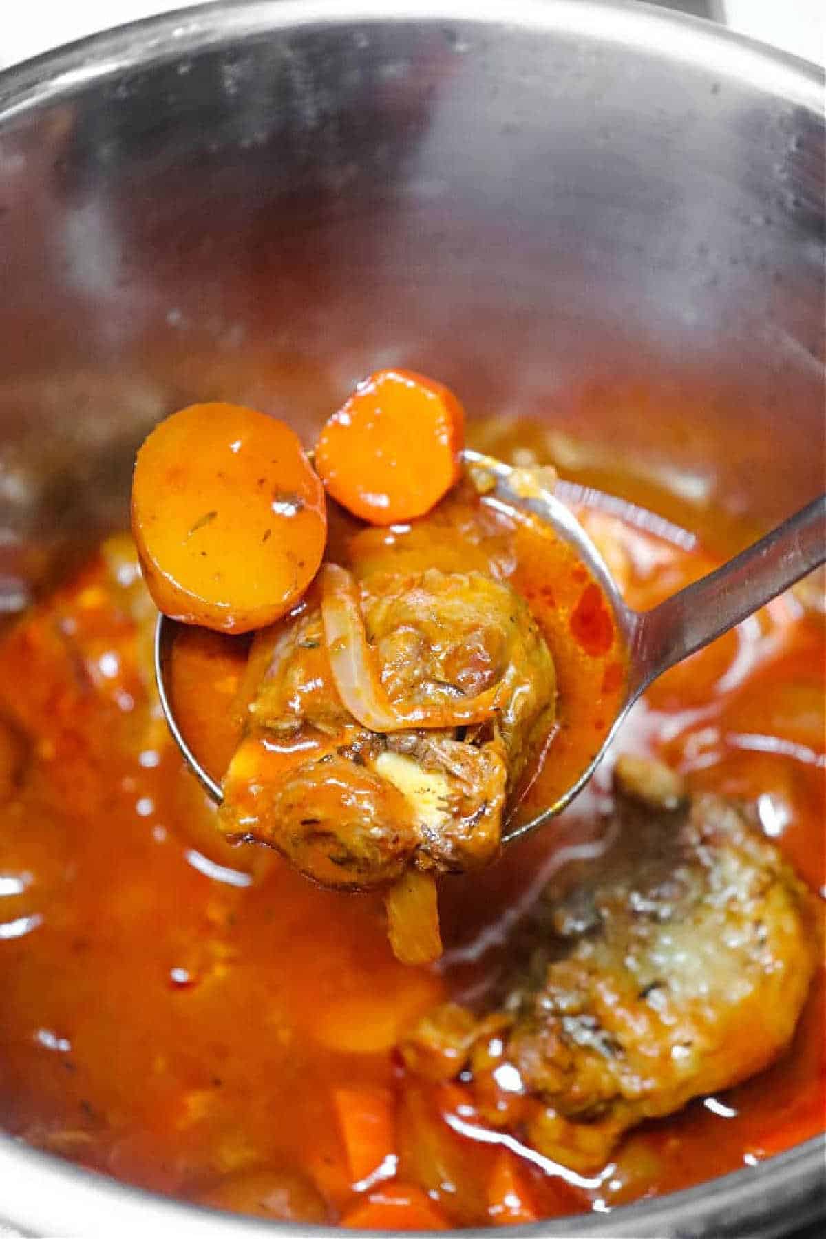 A ladle holding chicken, carrots, and onions in a red stew inside a metal pot evokes the hearty comfort of Instant Pot Oxtail Soup.