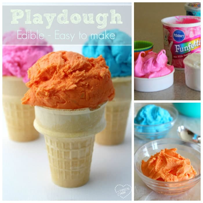 Easy 2 ingredient edible playdough that your kids will love! A simple playdoh recipe that is perfect for young children and fun to play with, even toddlers. #edible #playdough #playdoh #dough #craft #activity #rainyday #preschool #kindergarten #frosting Edible playdough in ice cream cones and bowls, made with colorful frosting and Funfetti cake mix, turns snack time into a creative adventure. Kids will love shaping their own edible playdough treats!.