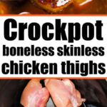 Barbecue-glazed chicken thigh on a fork above, with boneless skinless chicken thighs nestled in a crockpot below.