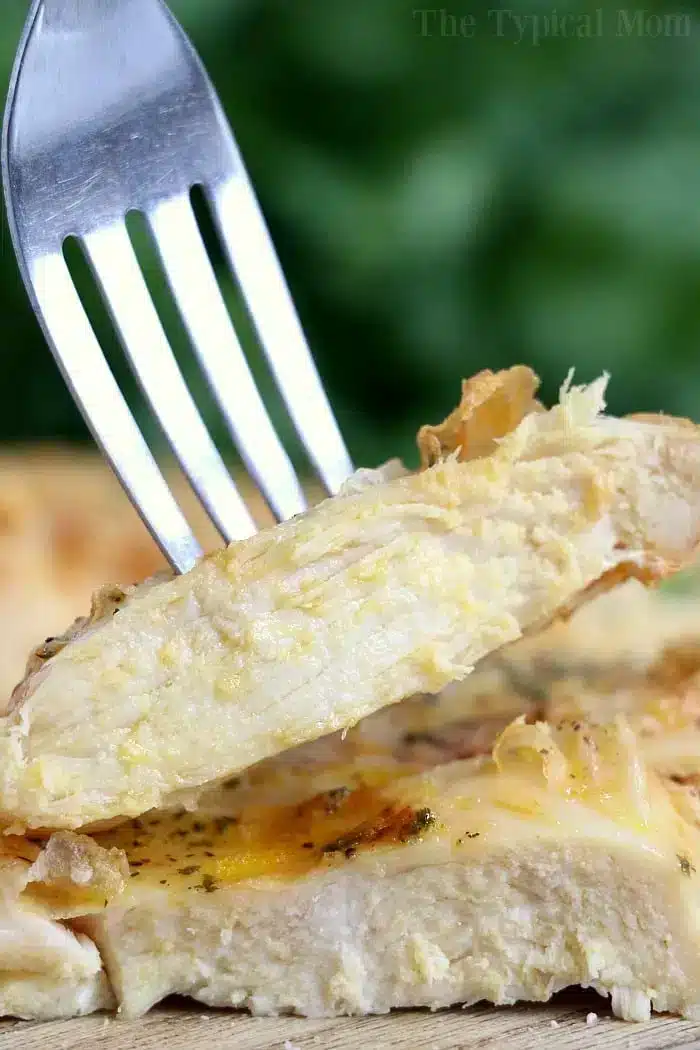 A close-up of a fork holding up a piece of cooked chicken breast, showing its tender and juicy interior. The chicken is slightly golden with some herbs and seasoning visible on the surface, reminiscent of bone-in air fryer chicken thighs. The background is blurred with hints of green.