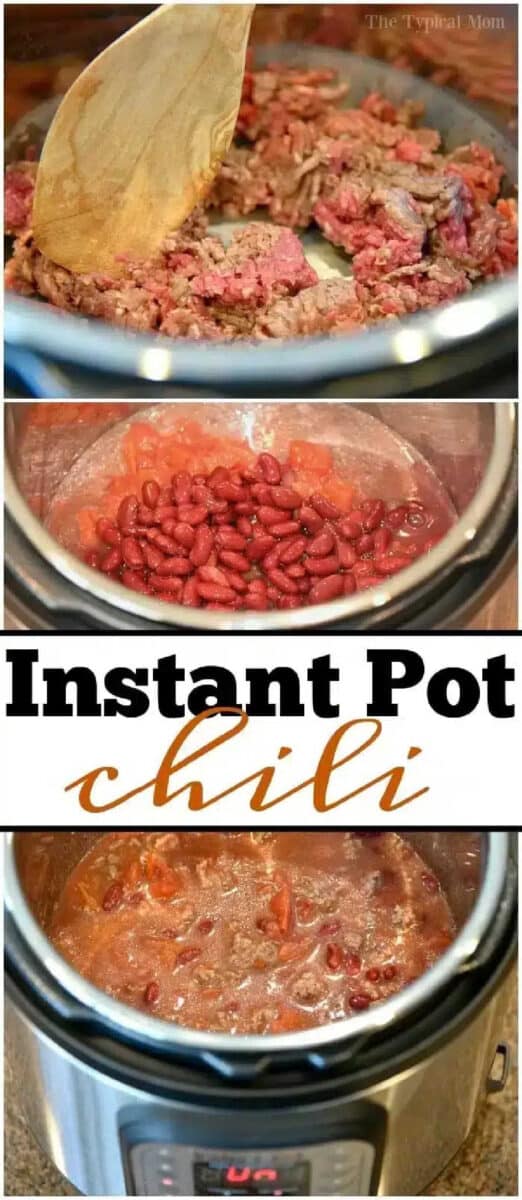 Three images show instant pot chili being cooked, with ground beef and kidney beans being stirred and simmered to perfection.