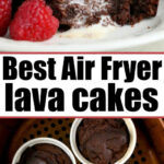 A spoon cuts into a decadent air fryer cake, rich chocolate lava flowing beside ice cream and raspberries; ramekins rest in the air fryer.