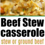 A spoonful of easy beef stew casserole with carrots and green garnish, shown above a hearty casserole dish.