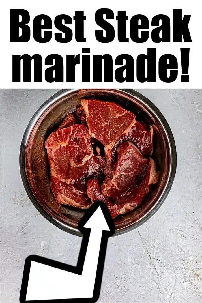 A bowl of raw steak marinating, with a large arrow pointing to the meat. The text above the image says "Best Asian Steak Marinade!