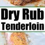 Cooked pork tenderloin with a crispy dry rub crust above, and raw pork tenderloin with dry rub on foil below—showcasing How to Cook Smithfield Pork Tenderloin to achieve perfect flavor and texture.