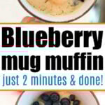 Two photos show a blueberry muffin in a mug before and after cooking, with text promoting a delicious 2-minute recipe.