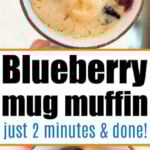 Top: cooked blueberry muffin in a mug. Bottom: fresh blueberries in a mug. Text: Blueberry muffin in a mug, just 2 minutes & done!.