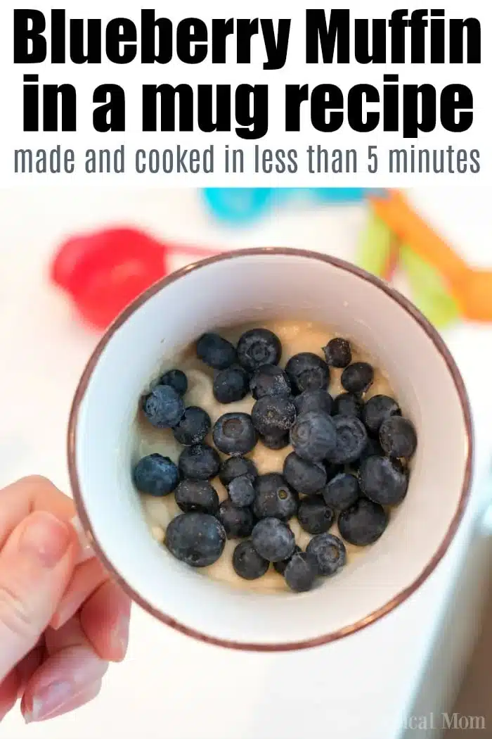 A hand holds a mug packed with blueberry muffin in a mug batter, topped generously with fresh blueberries. The white mug with a brown rim promises delight. The text above proclaims, "Blueberry Muffin in a Mug made and cooked in under 5 minutes," while kitchen items softly fade into the background.