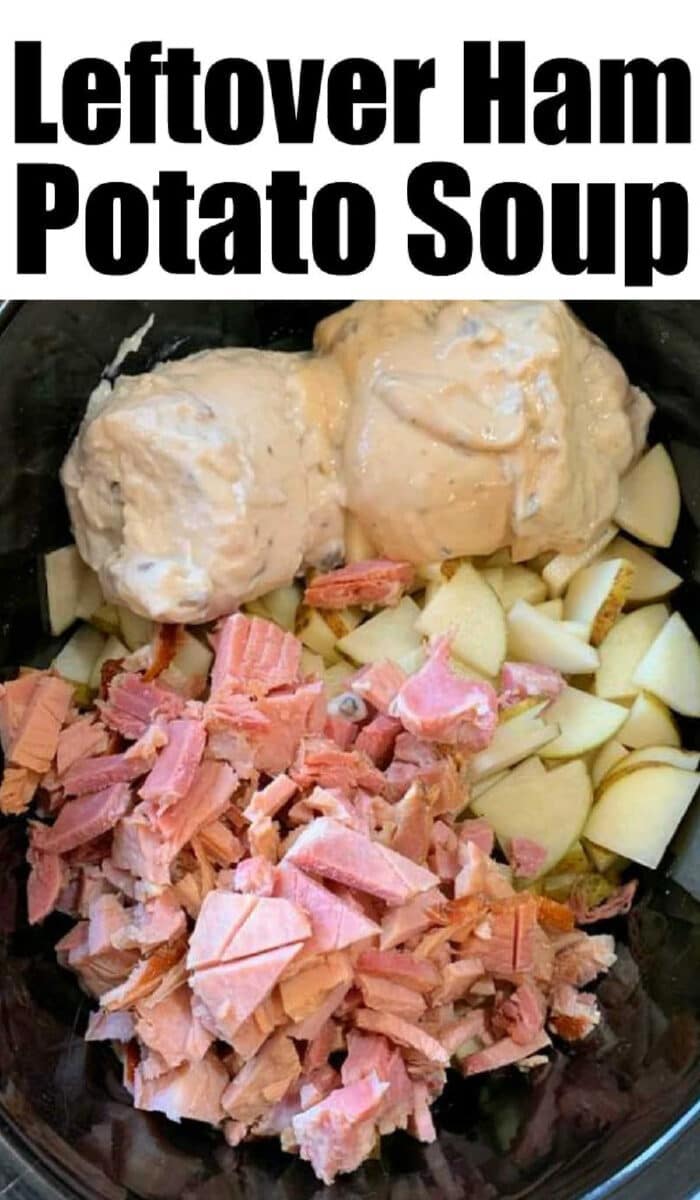 Leftover ham potato soup recipe in your Crockpot! Chopped ham, diced potatoes, and creamy soup mix in a bowl come together for a Crockpot loaded baked potato soup that's perfect for using up leftover ham.