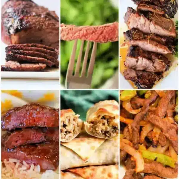 A collage of six images featuring various beef dishes, perfect for your next meal. The top row includes sliced steak, a fork holding a piece of medium-rare steak, and sliced beef roast. The bottom row showcases air fryer beef recipes: beef with rice, stuffed beef wraps, and stir-fried beef with vegetables.