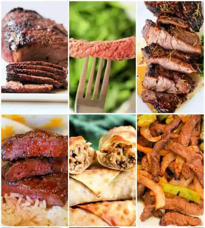 A collage of six images featuring various beef dishes, perfect for your next meal. The top row includes sliced steak, a fork holding a piece of medium-rare steak, and sliced beef roast. The bottom row showcases air fryer beef recipes: beef with rice, stuffed beef wraps, and stir-fried beef with vegetables.