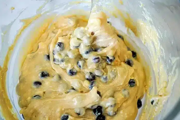 Close-up of a mixing bowl with thick, creamy batter for a blueberry muffin in a mug, featuring blueberries mixed in. The batter is partially lifted, showing its texture and consistency.