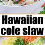 A bowl of Hawaii Coleslaw and a plate of its colorful, fresh ingredients arranged separately.