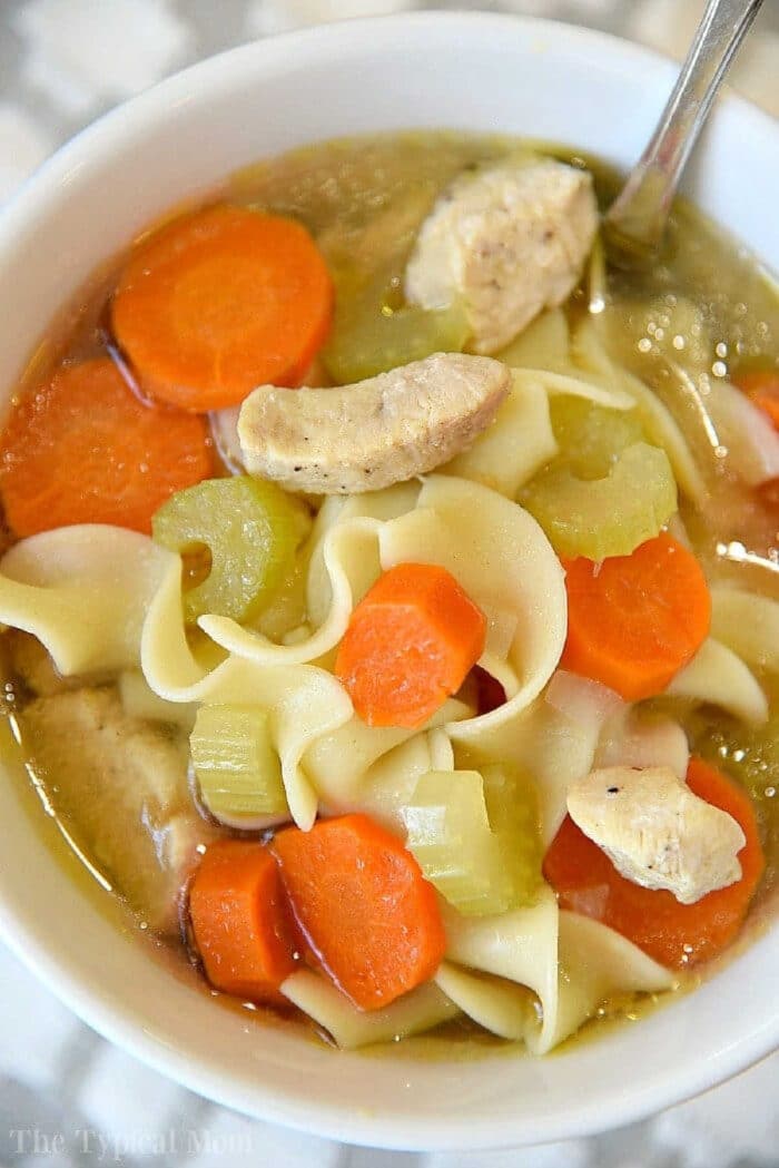 A bowl of Instant Pot chicken noodle soup with carrots, celery, noodles, and tender chicken pieces, served with a spoon inside.