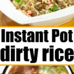 Bowl of dirty rice above an Instant Pot with instant pot ground beef and rice, plus chopped vegetables, being cooked.