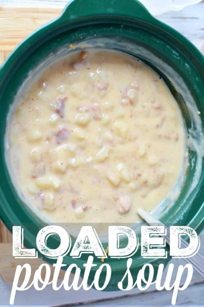 This crockpot loaded baked potato soup is super easy recipe to make and so delicious! You only need a few ingredients and it only costs about $10 to feed up to 6 people. Stovetop and pressure cooker potato soup instructions included too so you can cook it any way you want. #potato #soup #crockpotrecipes #crockpot #slowcooker #pressurecooker #cheese A crockpot filled with creamy Crockpot loaded baked potato soup, featuring chunks of potatoes and ham, and text LOADED potato soup.