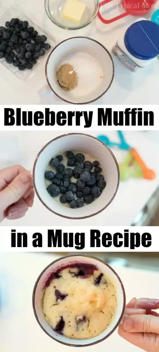 Three images illustrating a delightful blueberry muffin in a mug recipe. Top: Ingredients such as blueberries, butter, brown sugar, and flour. Middle: Blueberries blend into the flour mixture in the mug. Bottom: A cooked blueberry muffin reveals juicy berries inside the mug.