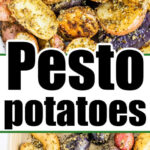 A vibrant potato medley of roasted fingerling potatoes in various colors coated with pesto, shown on a baking tray and in close-up.