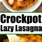 Bowl of cheesy shell pasta labeled as a crockpot lazy lasagna casserole.