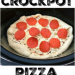 A homemade crock pot pizza is prepared with pepperoni, cooked to perfection in a crockpot, then sliced and ready to serve.