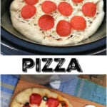 Uncooked crock pot pizza topped with pepperoni, then sliced olives on the cooked pizza, displayed on a cutting board with a pizza cutter.