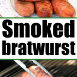 Smoked brats are grilled to perfection on the barbecue, then served hot from the grill and lifted onto a plate with tongs.