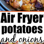 Potatoes and onions diced and cooked in an air fryer, featuring a colorful blend of red, yellow, and purple potatoes.