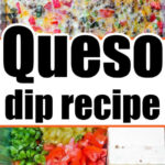Rectangular pan of Queso Dip with Meat above chopped veggies, cheese blocks, and seasoned ground meat in a baking dish.
