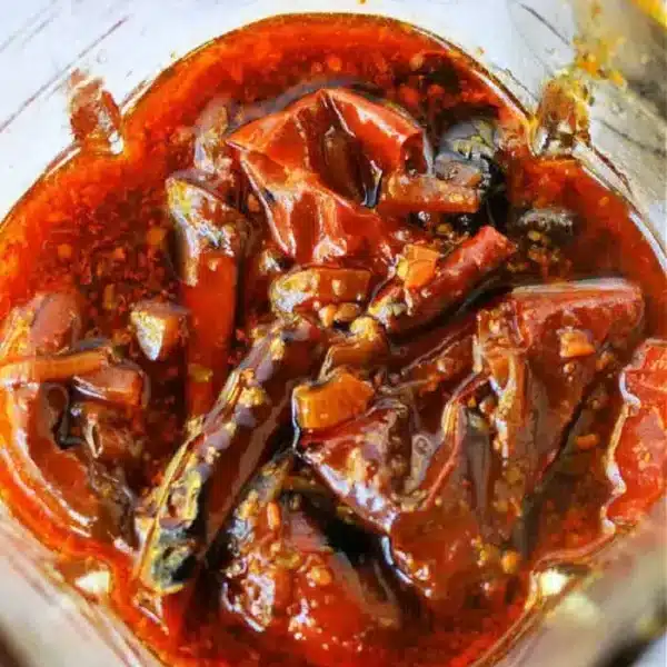 A close-up reveals a container brimming with red chili pickle, its vibrant mix reminiscent of Birria Tacos Sauce. The pickles bask in a rich, oily red sauce teeming with visible chili peppers, spices, and seeds. The glistening surface adds an inviting sheen.