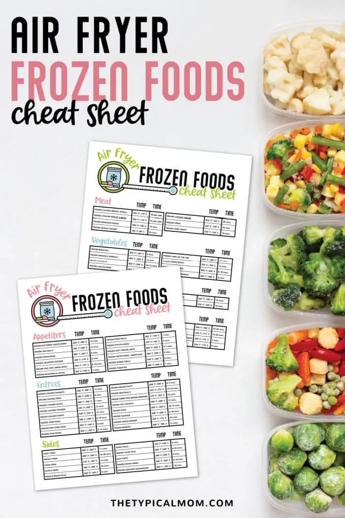 Image showing an "Air Fryer Frozen Foods Cheat Sheet" with two printable sheets displaying air fryer frozen food cook times and temperatures for various items. To the right, containers of frozen cauliflower, mixed vegetables, and broccoli are arranged vertically.