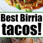 Close-up of Instant Pot Birria Tacos with fresh cilantro on top, and tender stewed birria meat simmering in rich red sauce below.