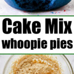 Red, white, and blue Cake Mix Whoopie Pies sit above a bowl of cake batter with an egg; text reads Cake Mix whoopie pies.