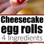 A hand holds a cherry cheesecake egg roll filled with creamy cheese and sweet cherry filling.