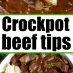 A spoonful of slow cooker beef tips in rich gravy, with a plate of beef tips over mashed potatoes and the text Crockpot beef tips.